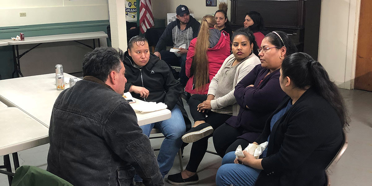 Residents of a mobile home park in northeast White Salmon during one of their weekly meetings to organize against evictions