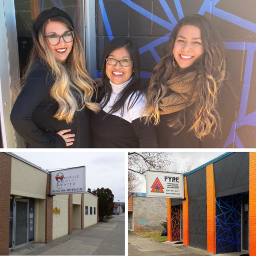 The three co-founders of FYRE, Amitie, Mady, and Michelle Sandoval with a “before” and “after” of their newly renovated building. Photos courtesy of FYRE.