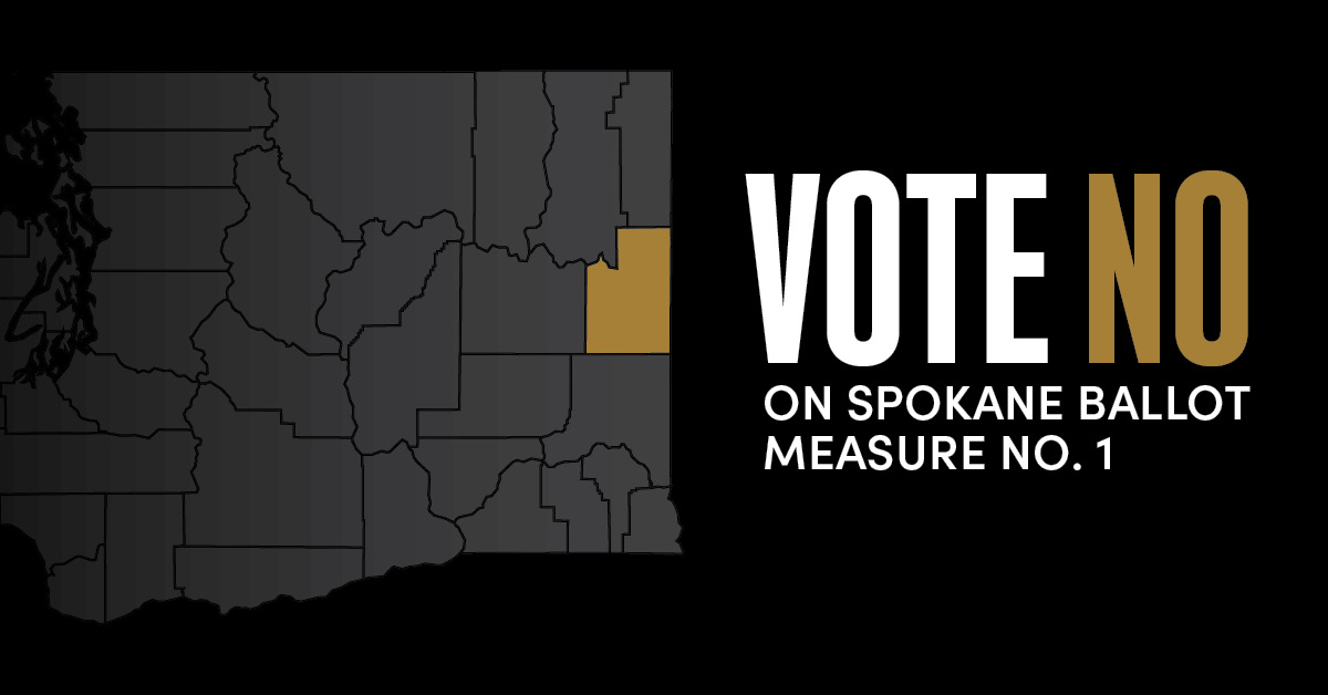 All caps text that says, "Vote no on Spokane ballot measure no. 1" on a black background and a gold silhouette of Spokane County on a partial map of Washington with surrounding counties in gray.
