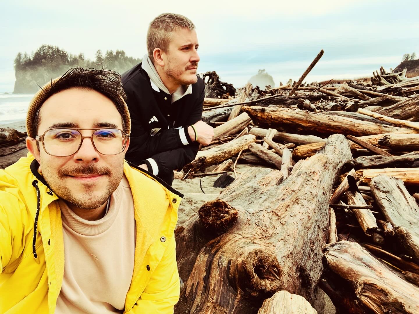 Eddie and his fiancee, Nick, pose for a selfie on a beach in La Push, Washington. 